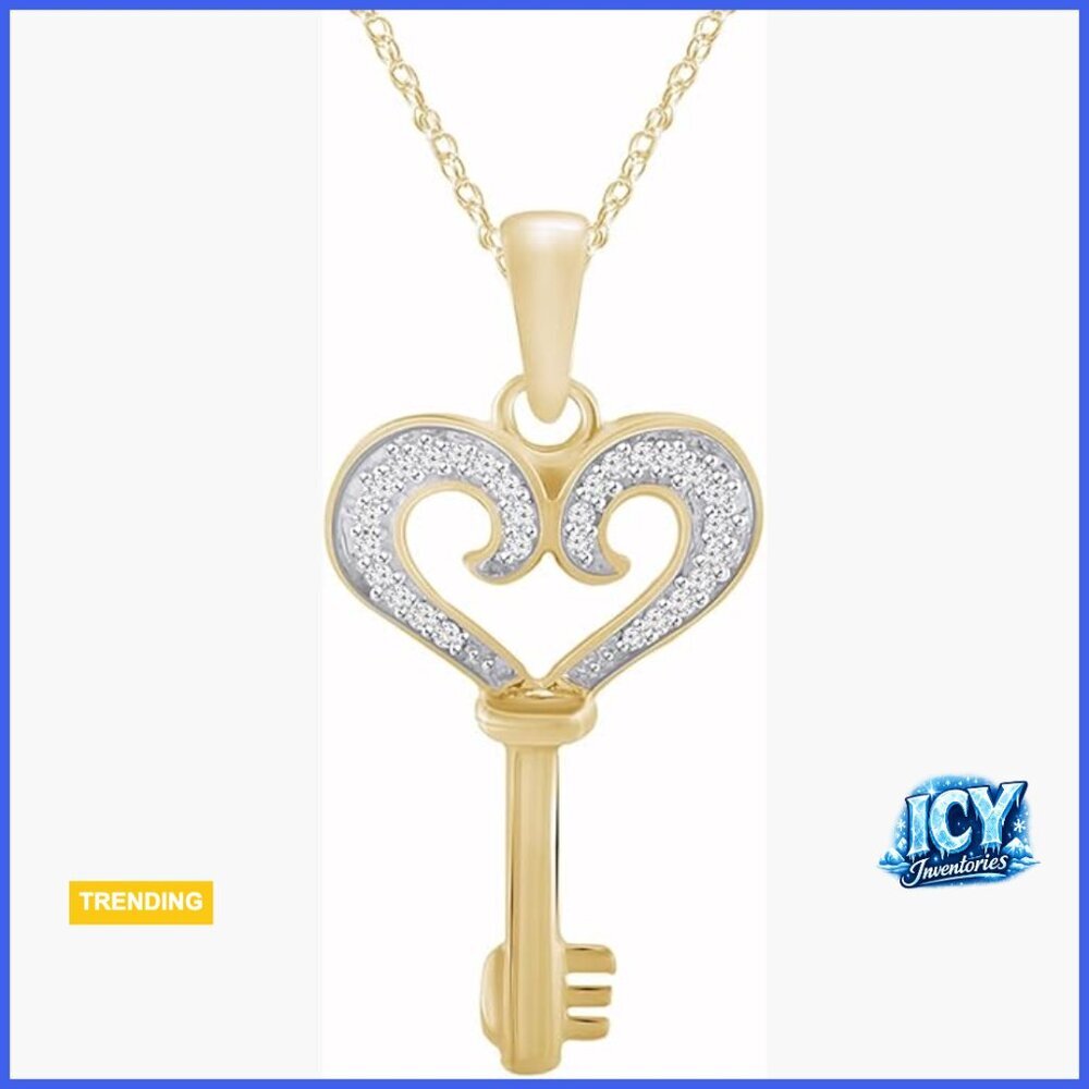 925 Sterling Silver Heart Key Pendant Necklace with Diamond